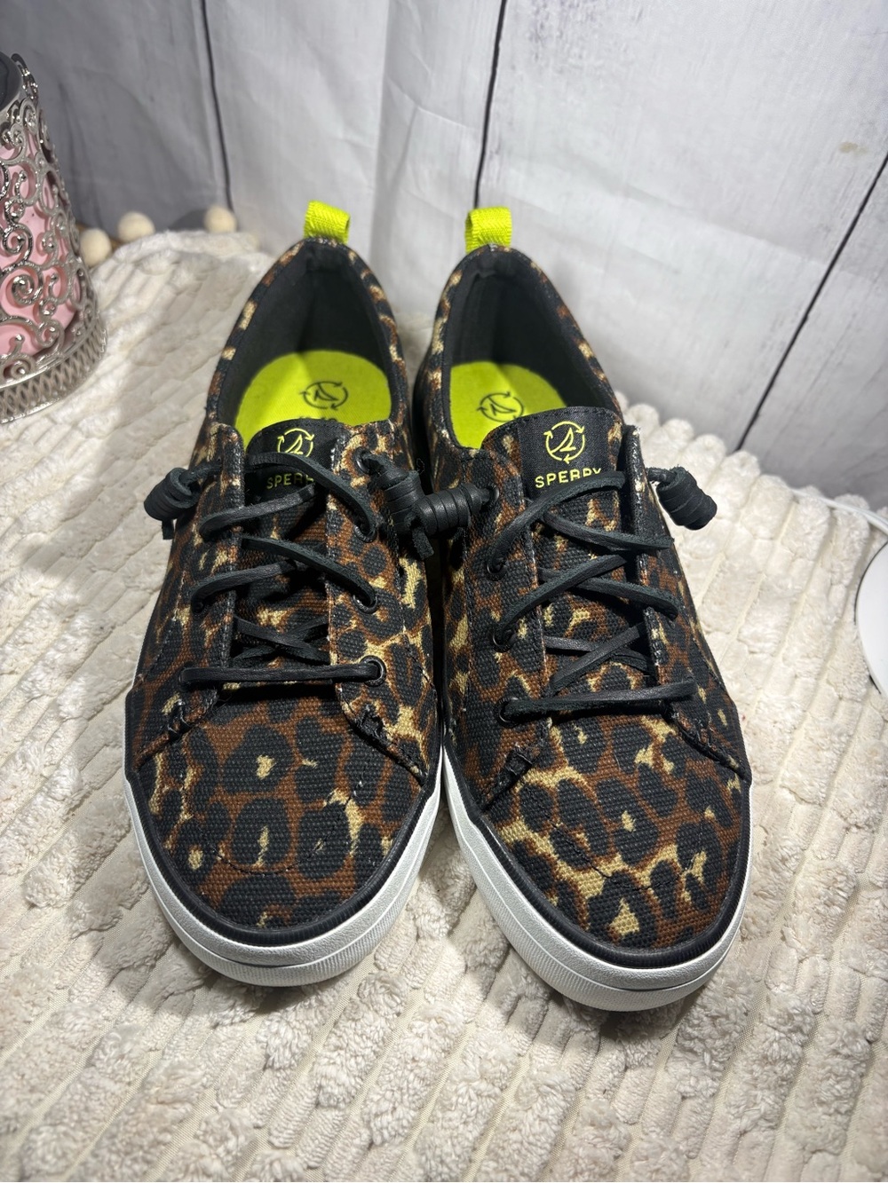 Sperry Leopard Print Low-Top Sneakers with Neon Yellow Pull Tabs